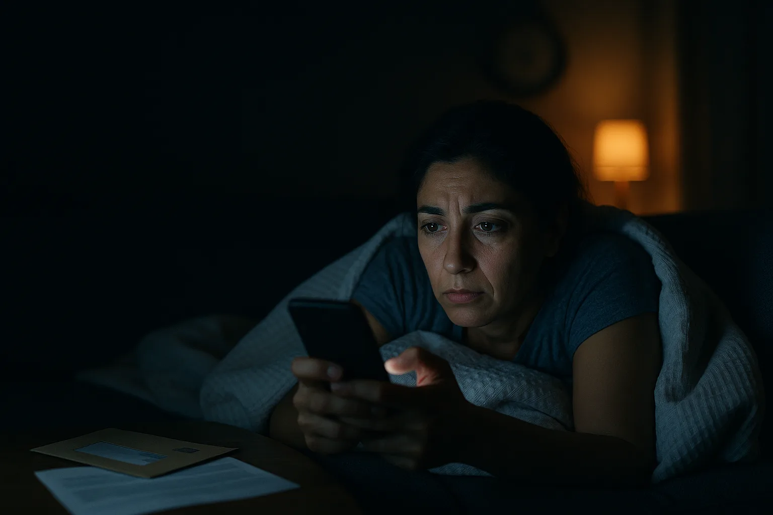 Gece yarısı, yüzü yalnızca telefon ekranıyla aydınlanan, kaygıyla arama yapan bir kadın