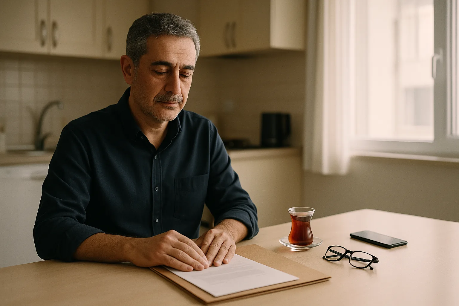 Sabah mutfağında, önündeki tek bir düzenli dosyaya sakince bakan bir vatandaş